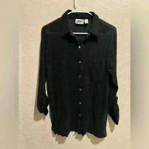 Vintage Chico’s Design Y2K Women’s Silk Black Long Sleeve Ribbed Button Up Top - Picture 1 of 9